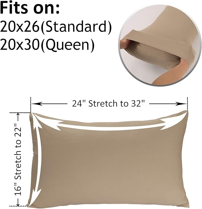 2-Pack Stretch Pillow Cases - Jersey Knit & Ultra Soft Envelope Closure Pillowcases T-Shirt Like Microfiber Blend - Suitable for Queen or Standard Size Set of 2, Taupe