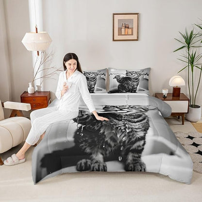 Erosebridal Kitten Bedding Set Twin Size Cute 3D Comforter Set for Kids Boys Girls Toothbrush Kawaii Animal White Black Comforter Warm Soft Quilt Insert
