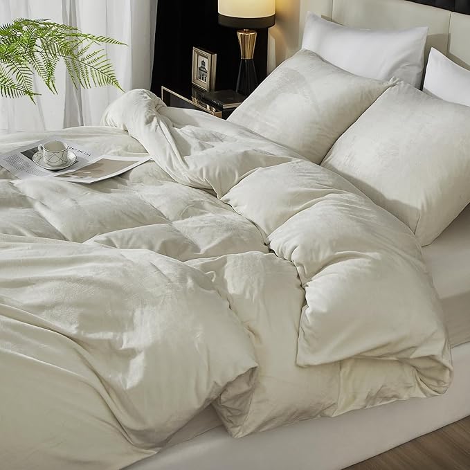 Ivellow Velvet Duvet Cover King Set Beige Velvet Duvet Cover King Comforter Cover 3Pcs Ultra Soft Duvet Cover Breathable Solid Luxury Flannel Velour Duvet Cover Zipper Closure Corner Tie