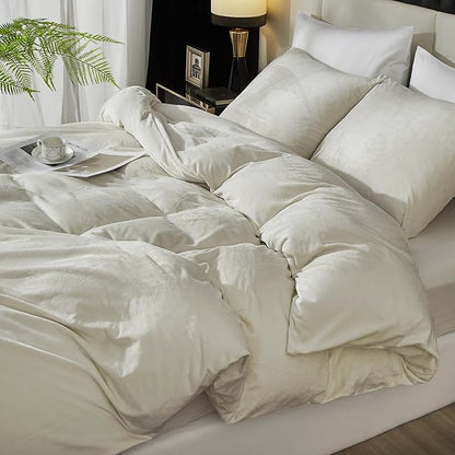 Ivellow Velvet Duvet Cover King Set Beige Velvet Duvet Cover King Comforter Cover 3Pcs Ultra Soft Duvet Cover Breathable Solid Luxury Flannel Velour Duvet Cover Zipper Closure Corner Tie