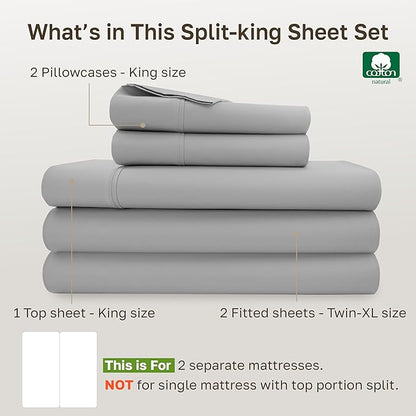 California Design Den Split King Sheets for Adjustable Bed, Natural 100% Cotton Sheets, 400 Thread Count Sateen, Deep Pockets with All Around Elastic for a Snug Fit, Durable Bedding Set - Light Grey