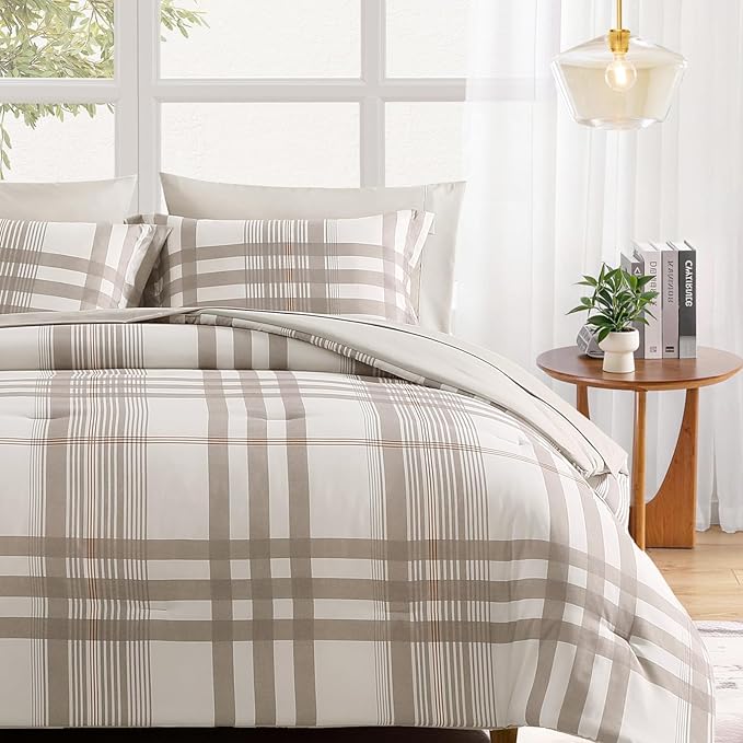 MaiRêve Queen Comforter Set Brown Grey, Classic Plaid Farmhouse Bedding Sets 7 Pieces, All Season Lightweight Bed in a Bag with Sheets, Pillowcases & Shams