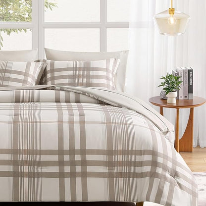 MaiRêve Queen Comforter Set Brown Grey, Classic Plaid Farmhouse Bedding Sets 7 Pieces, All Season Lightweight Bed in a Bag with Sheets, Pillowcases & Shams