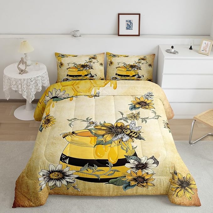 Erosebridal Yellow Bee Bedding Set,Sweet Honey Can Comforter Set for Teens Adult Women,Gerbera Floral Duvet Set 3Pcs with 2 Pillow Cases,Vintage Cartoon Microfiber Down Comforter,Queen Size
