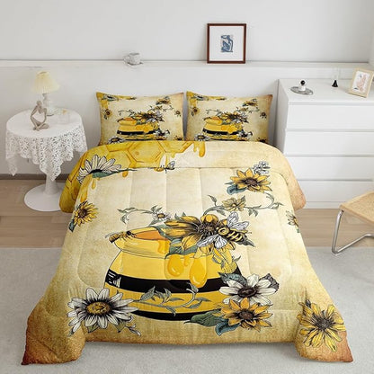 Erosebridal Yellow Bee Bedding Set,Sweet Honey Can Comforter Set for Teens Adult Women,Gerbera Floral Duvet Set 3Pcs with 2 Pillow Cases,Vintage Cartoon Microfiber Down Comforter,Queen Size