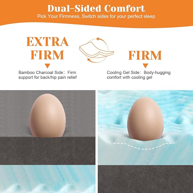 Extra Firm Mattress Topper 4 Inch Queen Size, Premium Cooling Gel Egg Crate+Bamboo High Density Support Mattress Topper with Removable Cover, Bed Topper for Pain Relief,CertiPUR-US,80x60