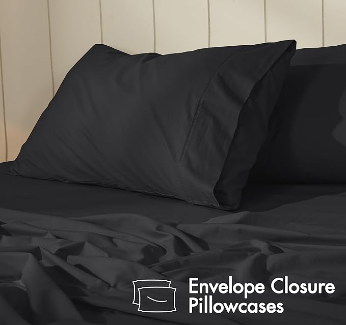 RUVANTI 100% Cotton Sheets – Split King Size Percale Bedding, Cooling & Breathable, Durable with a Crisp, Soft & Comfortable Feel, 16" Deep Pocket, 5-Piece Set, Jet Black
