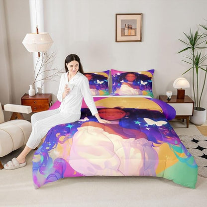 Erosebridal Black Princess Bedding Sets American Afro-Girl Comforter Set Moon Galaxy Girl Butterfly Decorations Bedding King
