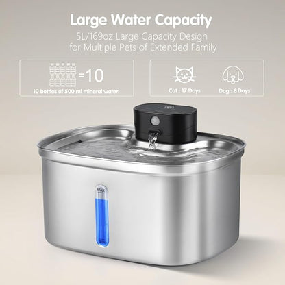 BOORCA Wireless Cat Water Fountain Stainless Steel, 169oz/5L Cordless Smart Pet Water Fountain with 5000mAh Battery & Ultra Quiet Pump, Automatic Pet Water Dispenser for Cats & Dogs, 3 Filters