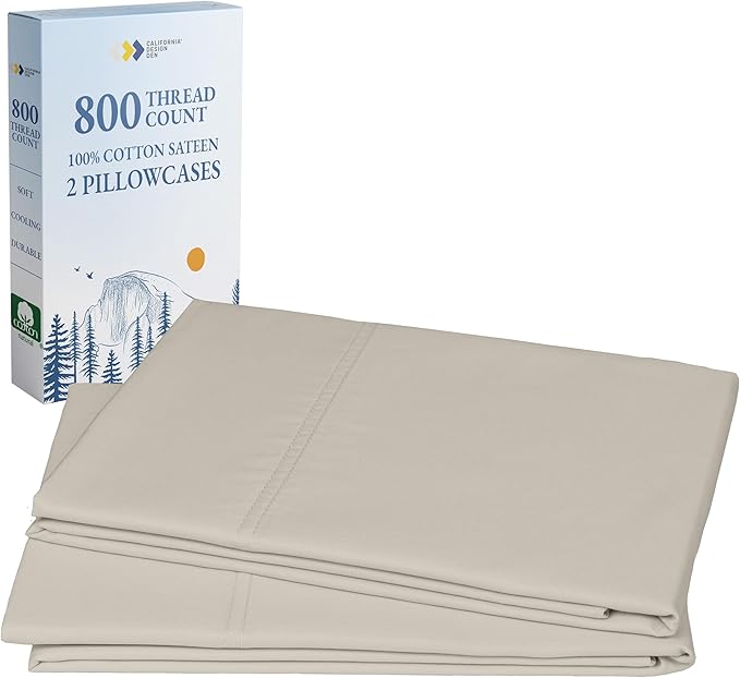 California Design Den Pillow Cases Standard Size Set of 2-800 Thread Count Sateen, Natural 100% Cotton Pillowcases, Fits Standard & Queen Pillows - Beige