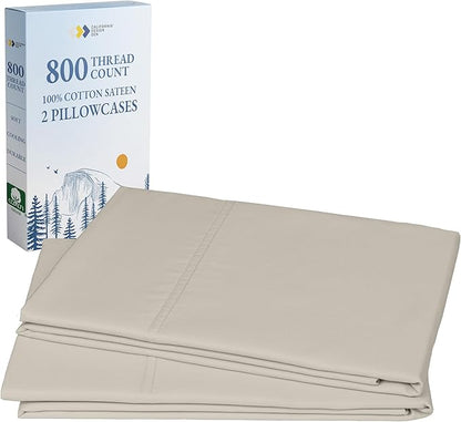California Design Den Pillow Cases Standard Size Set of 2-800 Thread Count Sateen, Natural 100% Cotton Pillowcases, Fits Standard & Queen Pillows - Beige