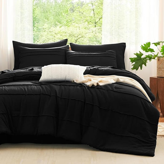 CozyLux King Size Comforter Set Black, 7 Pieces Soft Pinch Pleat Bed in a Bag King Comforter Set with Sheets, Boho Bed Set with Down Alternative Comforter, Sheets, Pillowcases & Shams