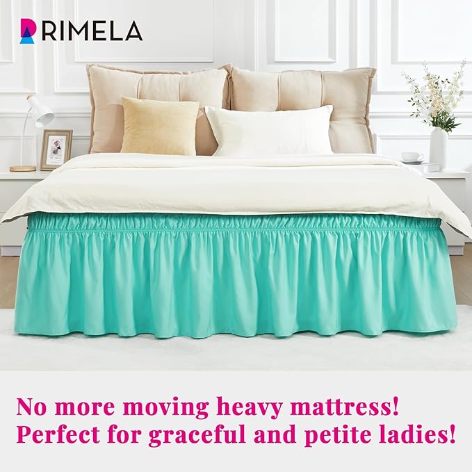 RIMELA Spa Blue Bed Skirt Queen Size 18 Inch Drop, Elastic Bed Skirting for Bed Base and Frame, Bedding Dust Ruffle Easy to Install, Lightweight Wrap Around Adjustable Bedskirt