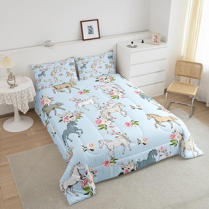 Horse Quilt Queen Size, Farmhouse Western Cowboy Cowgirls Duvet Insert for Kids Boys Girls Teens, Cartoon Kawaii Horse Bedding Set, Rustic Rose Floral Comforter Set + 2 Pillow Cases