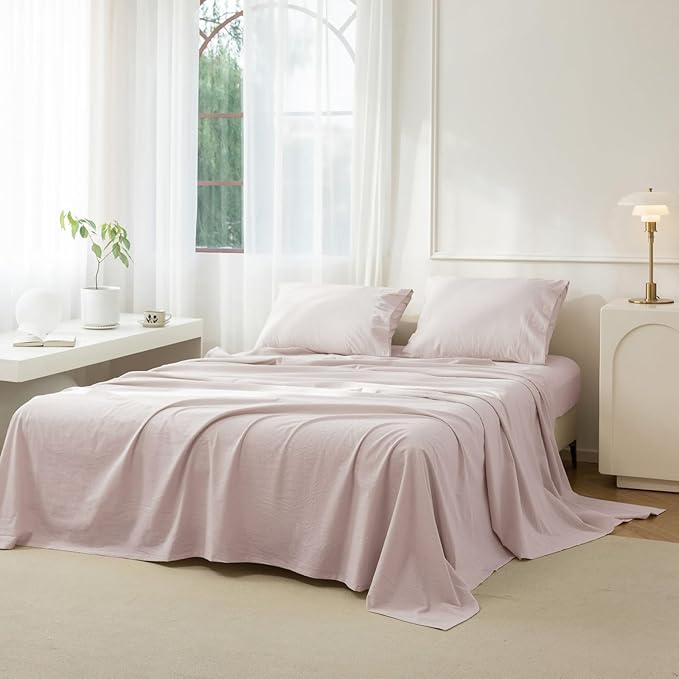 JIYUAN Twin Size Sheet Set, 3-Piece - 100% Washed Cotton, Linen-Like Soft & Breathable, Includes Deep Pocket Fitted & Flat Sheet with 1 Pillowcases, Hotel Quality, Heathered Greyish Pink