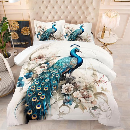 Blue Peacock Comforter Full Size Girls Watercolor Bird Floral Bedding Set for Elegant Women 3Pcs Soft Lightweight Microfiber Down Comforter with 2 Pillowcases 79x90
