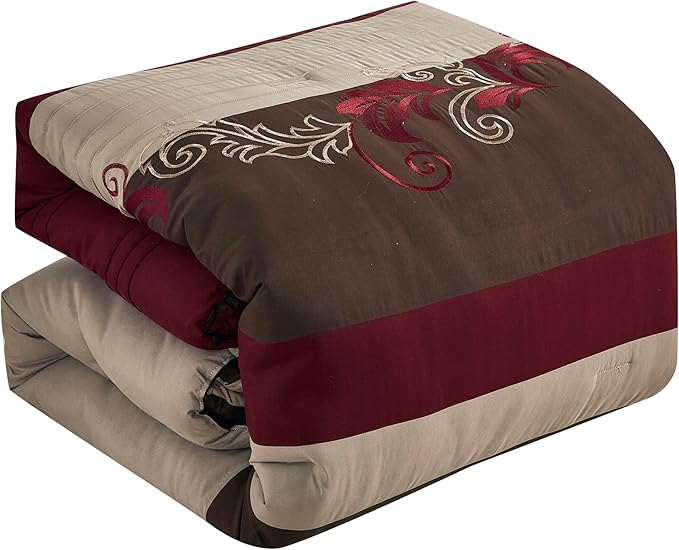 Chezmoi Collection Napa 7-Piece Luxury Leaves Scroll Embroidery Bedding Comforter Set (Queen, Burgundy/Taupe/Brown)