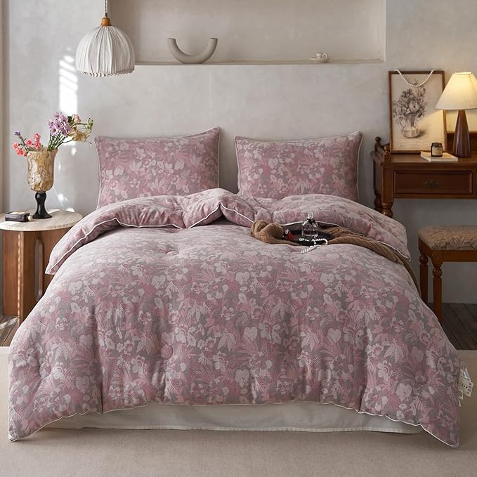 HighBuy Twin XL Comforter Set Pink Floral Bedding Comforters Luxury Soft Muslin Cotton 3 Pieces Lightweight Fluffy Floral Bedding Comforter Set All Season Women Girls Gift Choice
