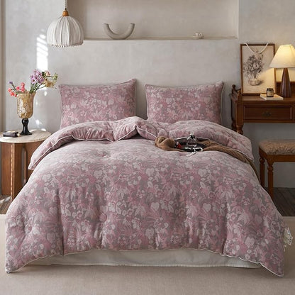 HighBuy Muslin Cotton Comforter Set Full Size Pink Floral Bedding Comforters Set 3 Piece Lightweight Soft & Warm Bed Comforter Full with 2 Pillowcases,Boho Chic Bedding Set