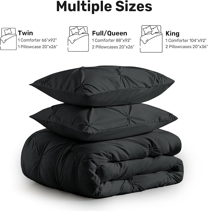 UNIKOME King Size Comforter Set Black - Ultra Soft Boho Pintuck Down Alternative Bedding Set for All Seasons, 3 Pieces Lightweight Warm Pinch Pleat Bed Set with Comforter, 2 Pillowcases