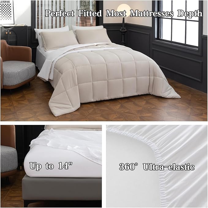King Size Comforter Set - 8-Piece White Bedding with Breathable Reversible Down Lightweight Comforter, Bed Skirt, Flat Sheets, Pillowcases & Pillow Shams
