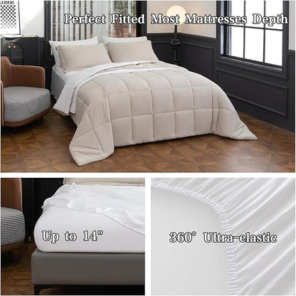 Queen Size Comforter Set - 8-Piece White Luxury Bedding with Reversible Microfiber Lightweight Comforter, Bed Skirt, Flat Sheets, Pillowcases & Pillow Shams