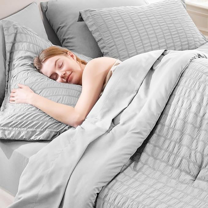 CozyLux Queen Comforter Set Light Grey Seersucker 7 Pieces Bed in a Bag Queen Comforter Set with Sheets, Light Gray Luxury Soft Bedding Set with Down Alternative Comforter, Sheets, Pillowcases & Shams