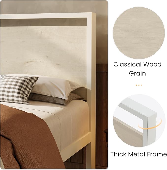 SHA CERLIN 14 Inch Twin Metal Platform Bed Frame with Wooden Headboard and Footboard, No Box Spring Needed, Large Under Bed Storage, Heavy Duty Slats Support, White Washed Oak