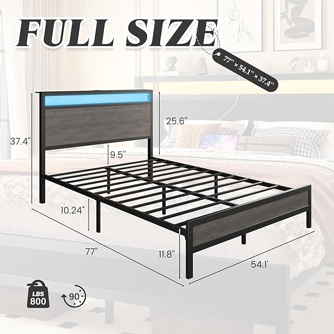 Fluest Full Bed Frame with Headboard & Footboard, Full Bed Frame with Built-in Charging Station & LED Light, Storage Shelf, Noise-Free, No Box Spring Needed, Easy Assembly, Rustic Grey