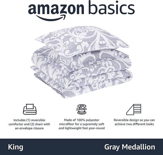 Amazon Basics King Size Ultra-Soft Lightweight Microfiber Reversible 3-Piece Bedding Comforter Set, Gray Medallion
