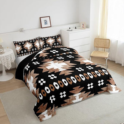Feelyou Boho Comforter Set Queen Size Southwest Native American Design Comforter Southwestern Geometric Bedding Set Western Decor Duvet Set Brown Balck Quilt Set