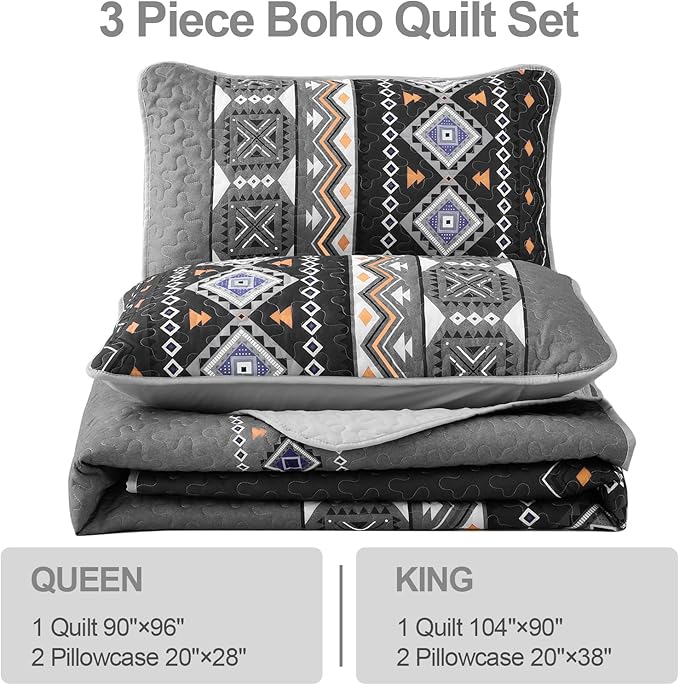 WONGS BEDDING Boho Quilt Set King,Black Grey Bedspread Coverlet Set with 2 Pillowcase,Lightweight Geometry Printed Bohemian Bedding Set 104"×90"
