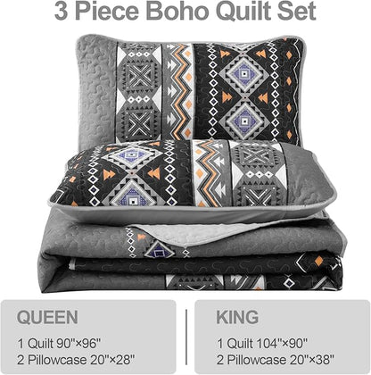 WONGS BEDDING Boho Quilt Set King,Black Grey Bedspread Coverlet Set with 2 Pillowcase,Lightweight Geometry Printed Bohemian Bedding Set 104"×90"