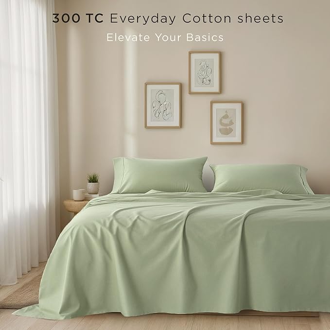 Threadmill Cotton Twin Sheet Set | 100% Cotton Sheets for Twin Size Bed | Solid Sateen Twin Bed Sheets Set with 16” Deep Pocket | Soft Breathable 3-Piece Cooling Sheet Set | Sage Green