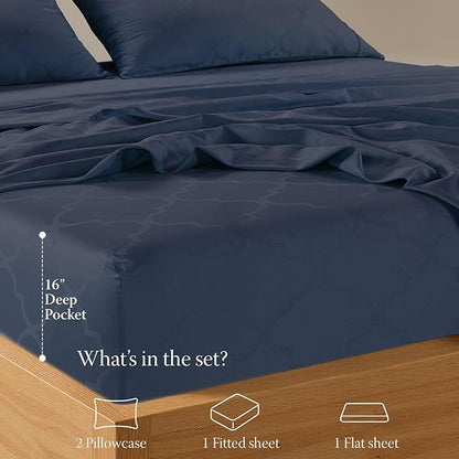Threadmill 100% Cotton Sheets for King Size Bed | 4 Pc King Bed Sheets Set | Soft, Breathable Lightweight Damask Sateen for All-Season Use | Snug Fit Elastic Deep Pocket King Sheets | Folkstone Blue