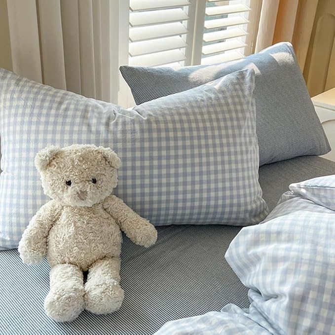 Nayoroom Gingham Duvet Cover King Size Blue White Plaid Checkered Comforter Cover 3 Pcs Soft Breathable Washed Microfiber Grid Farmhouse Bedding Set with Pillow Shams