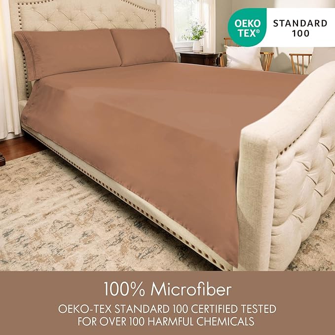 ClevaHome Full Size Sheet Set - 6 Piece Soft Breathable Luxury Bed Sheet Set - Shrinkage & Fade Resistant Embroidered Bedding Sheet with 14-inch Deep Pocket, 2 Extra Pillowcases (Full, Sandy Brown)