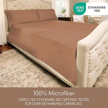 ClevaHome Full Size Sheet Set - 6 Piece Soft Breathable Luxury Bed Sheet Set - Shrinkage & Fade Resistant Embroidered Bedding Sheet with 14-inch Deep Pocket, 2 Extra Pillowcases (Full, Sandy Brown)