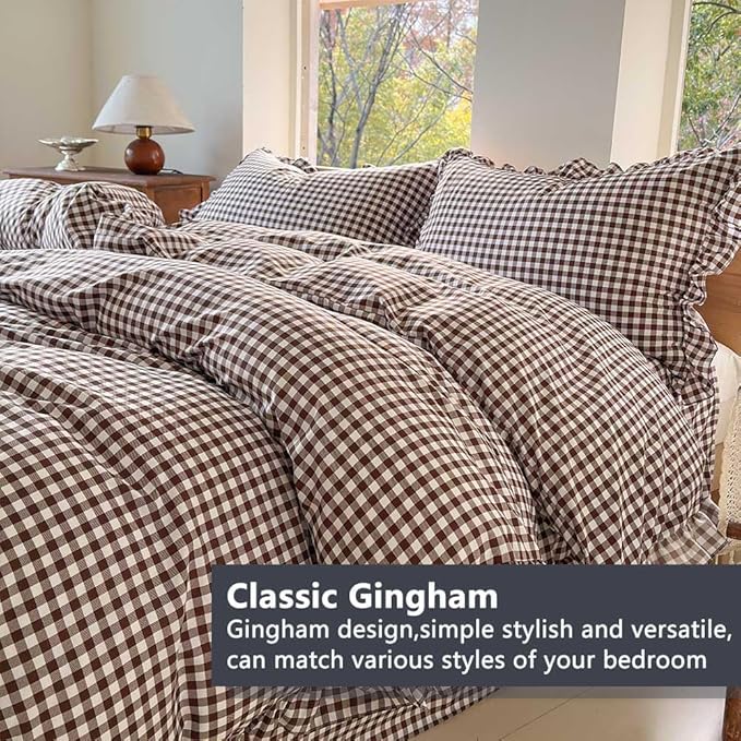 NSNLGSGC Mocha Ruffle Gingham Comforter Set Twin, Pre-Washed Ruffled Coffee Plaid Checked Comforter Bedding, 2 Pieces Vintage Farmhouse Grid Bedding Set(Mocha Gingham, Twin)