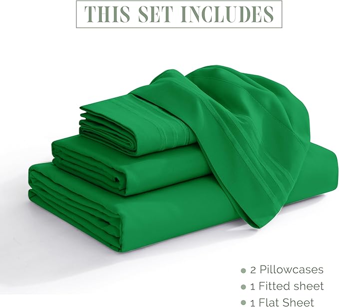 Elegant Comfort Luxurious 1500 Premium Hotel Quality Microfiber Three Line Embroidered Softest 4-Piece Bed Sheet Set, Wrinkle and Fade Resistant, Full, Emerald Green