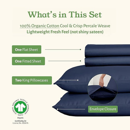 California Design Den King Size Sheets Deep Pocket Set - Soft 100% Organic Cotton Sheets, Crisp Percale, Breathable and Durable Bedding Set - Navy Blue