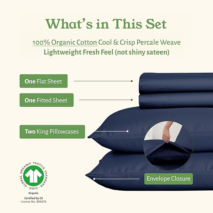 California Design Den California King Sheet Set - Soft 100% Organic Bed Sheets with Deep Pockets, Crisp Percale, Breathable and Durable Bedding Set - Navy Blue