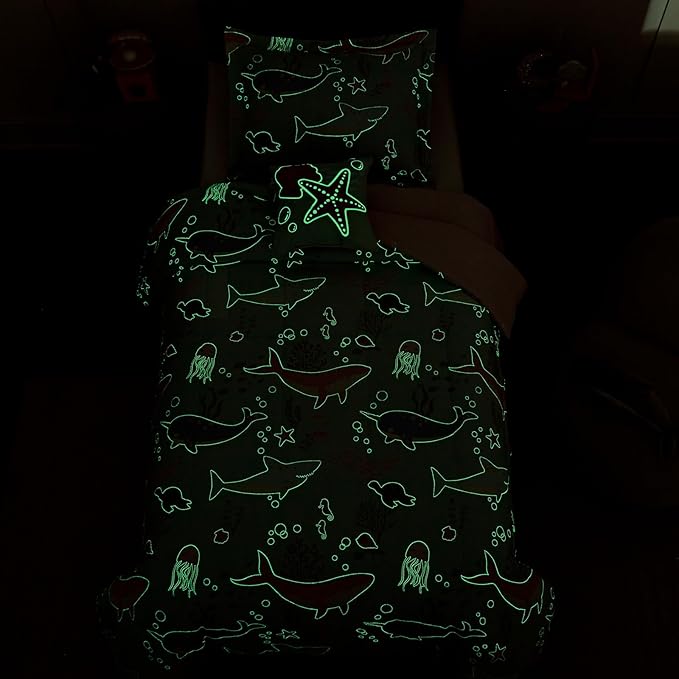 Twin Comforter Set for Girls-3 Pieces Ocean Animals Glow in the Dark Twin Bedding Sets for Kids,1 Comforter,1 Sham and 1 Decor Pillow
