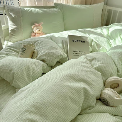 VM VOUGEMARKET Green Gingham Comforter Set with White Lace Twin XL Kids Teens Mini Check Quilt Comforter for Girl's College Dorm Soft Lightweight Cozy Bedding Set