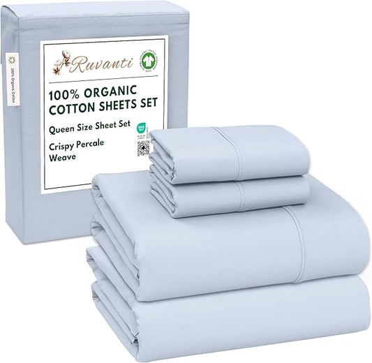 RUVANTI 100% Organic Cotton Sheets Queen Size, Percale Weave, GOTS Certified, 4-Piece Set, Deep Pocket 15", Crisp & Breathable, Soft Durable Bedding, Sábanas Algodón Orgánico – Arctic Ice