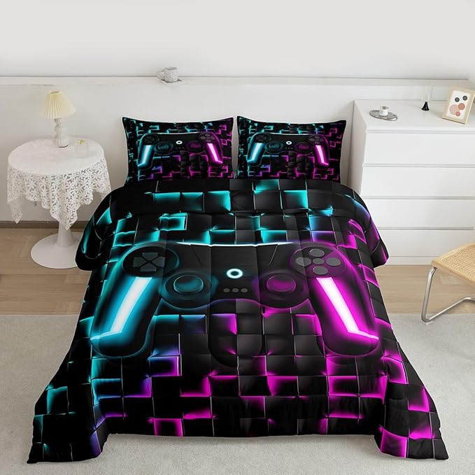 Erosebridal Boys Gamer Comforter Set Gaming King Size Bedding Sets for Kids Boys Teen Men Neon Lights Ombre Checkered Video Games Bed Comforter Set 3D Geometric Game Console Quilt Blue Purple