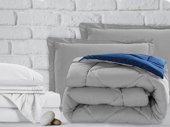 Elegant Comfort 7-Piece King Size Bed-in-a-Bag - Luxury 1500 Thread Count Comforter & Sheet Set, Super Cozy, Wrinkle and Stain Resistant, Silver/Navy