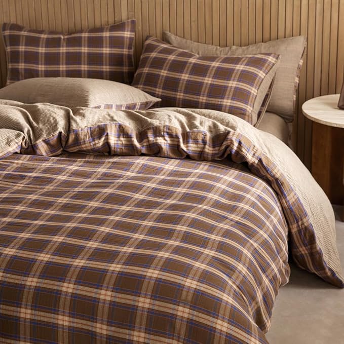 EAVD Vintage Gingham Comforter Set Full Brown Blue Red Grid Checked Bedding Set Soft 100% Muslin Cotton Retro Brown Plaid Comforter Set with 2 Pillowcases Farmhouse Plaid Bedding Set for All-Season