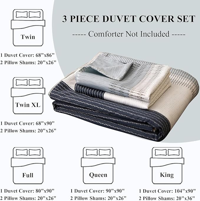 LifeTB Cotton Stripe Duvet Cover Full Size Gray Blue White Stripe Comforter Cover Modern Style Geometric Stripe Bedding Set for Men Boy Teen Boho Stripe Duvet Comforter Cover with Zipper Closure