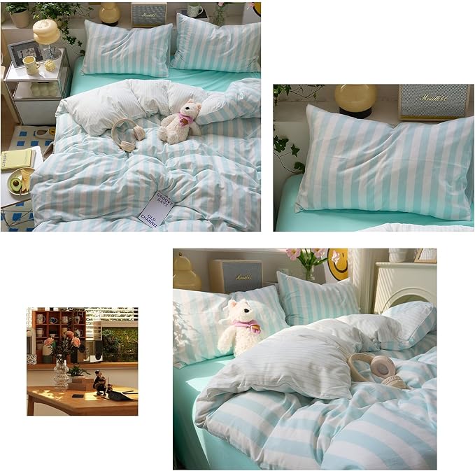 Sky Blue Striped Queen Duvet Cover Soft Boho Comforters Queen Size Cover Stripes Chic Aesthetic Farmhouse Duvet Cover Set with Zipper College Dorm Bedding Washed Microfiber Duvet Protector